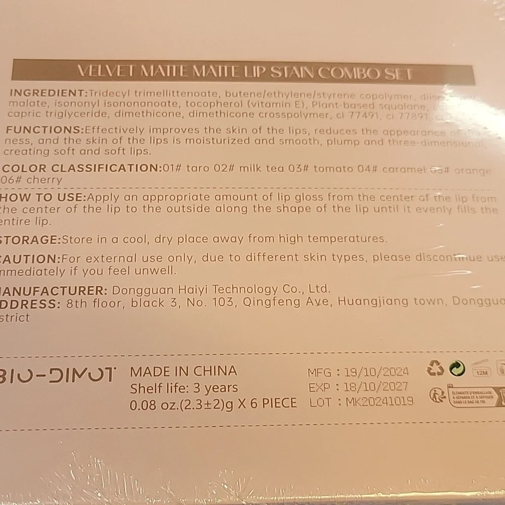 Bio-Dimot Velvet Matte Lip Stain Set of 6 New Sealed Box